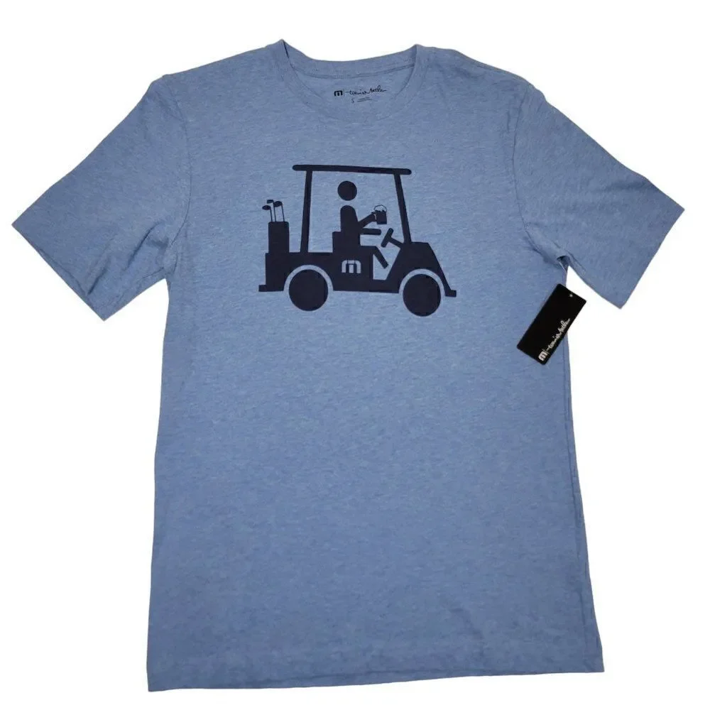 Travis Mathew T Shirt Men Size Small Blue Golf Cart Graphic Short Sleeve Tee NEW